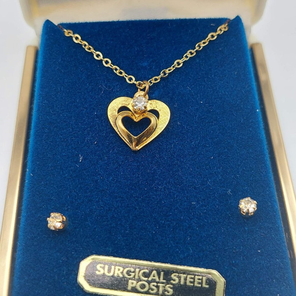 Gold Heart Necklace and Studs